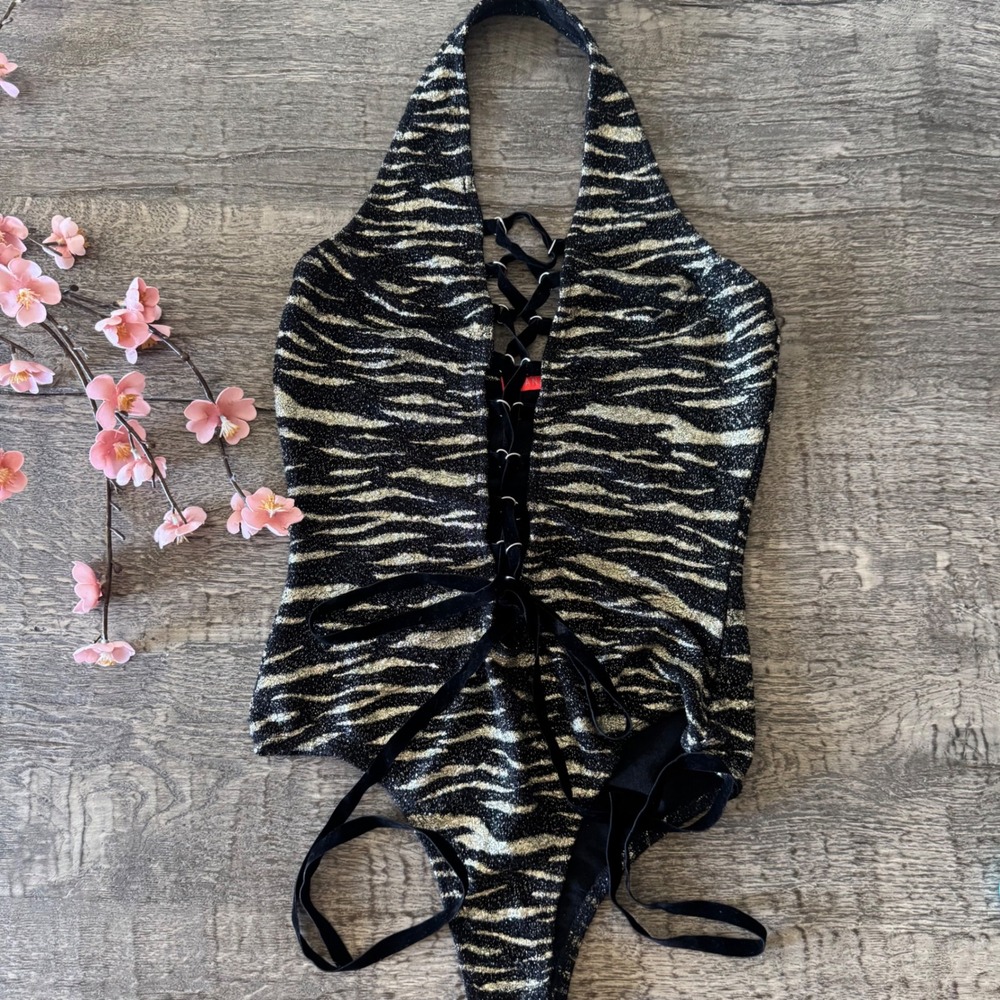 Metallic Gold Lace Up Bodysuit Backless Tiger Stripe Halter Y2K Small